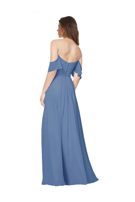 Cheap Flutter Sleeves Scoop Neck Off the Shoulder Long Chiffon Bridesmaid Dress UK