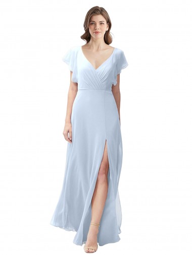 Cheap Flutter Sleeves Long Chiffon Bridesmaid Dress with Daring Open Back and Side Slit UK