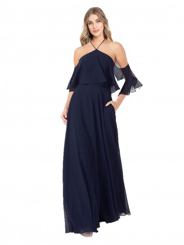 Cheap Halter Neck Cold Shoulder Flutter Sleeves Bridesmaid Dress UK