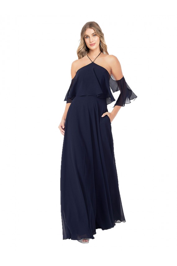 Cheap Halter Neck Cold Shoulder Flutter Sleeves Bridesmaid Dress UK