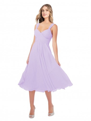 Cheap Draped Midi Length Chiffon Cocktail Bridesmaid Dress with Ruched Bodice UK