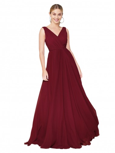 Cheap Draped A-Line V-Neck Floor Length Chiffon Bridesmaid Dress / Formal Prom Dress UK
