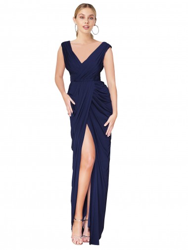 Cheap Draped V-Neck Long Chiffon Bridesmaid Dress / Formal Prom Dress with Front Slit UK