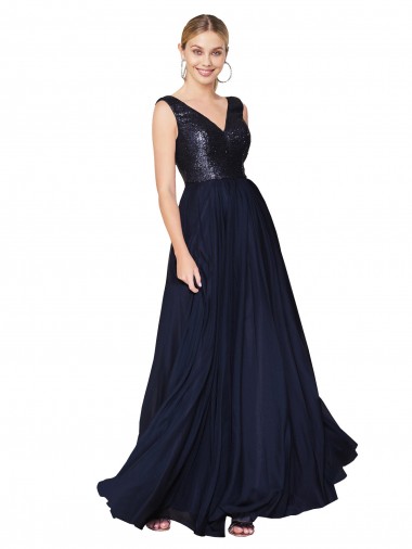 Cheap High Neck V-Neck Long Chiffon Bridesmaid Dress / Prom Dress with Sequin Top UK