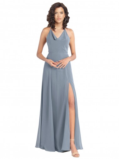 Cheap Slim A-Line Cowl Neck Long Chiffon Bridesmaid Dress with Side High Slit UK