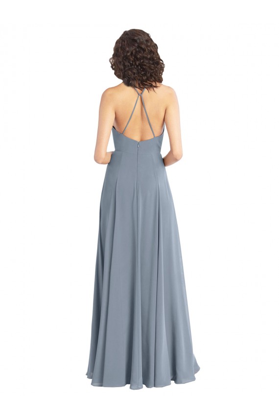 Cheap Slim A-Line Cowl Neck Long Chiffon Bridesmaid Dress with Side High Slit UK