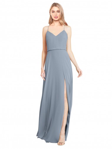 Cheap Spaghetti Straps V-Neckline Long Chiffon Bridesmaid Dress with High Slit UK