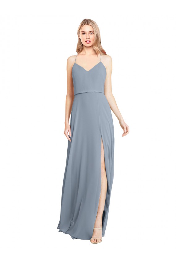Cheap Spaghetti Straps V-Neckline Long Chiffon Bridesmaid Dress with High Slit UK