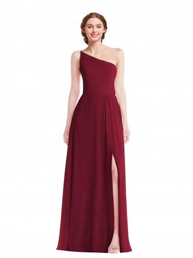 Cheap One Shoulder Chiffon Maxi Bridesmaid Dress with Shirred Front Slit UK