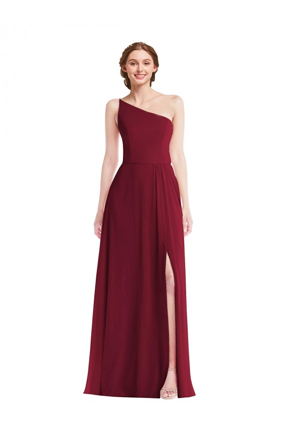 Cheap One Shoulder Chiffon Maxi Bridesmaid Dress with Shirred Front Slit UK