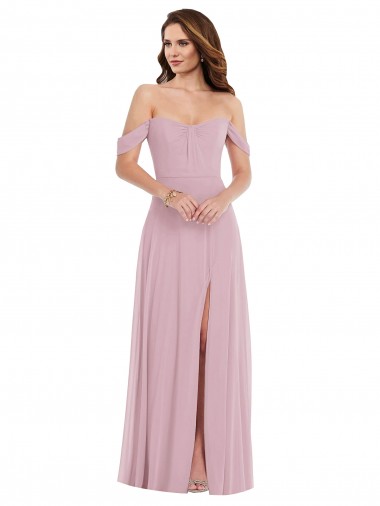 Cheap Off the Shoulder Draped Sleeve Maxi Bridesmaid Dress with Front Slit UK