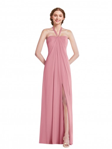 Cheap Draped Chiffon Grecian Column Bridesmaid Dress with Front Slit UK