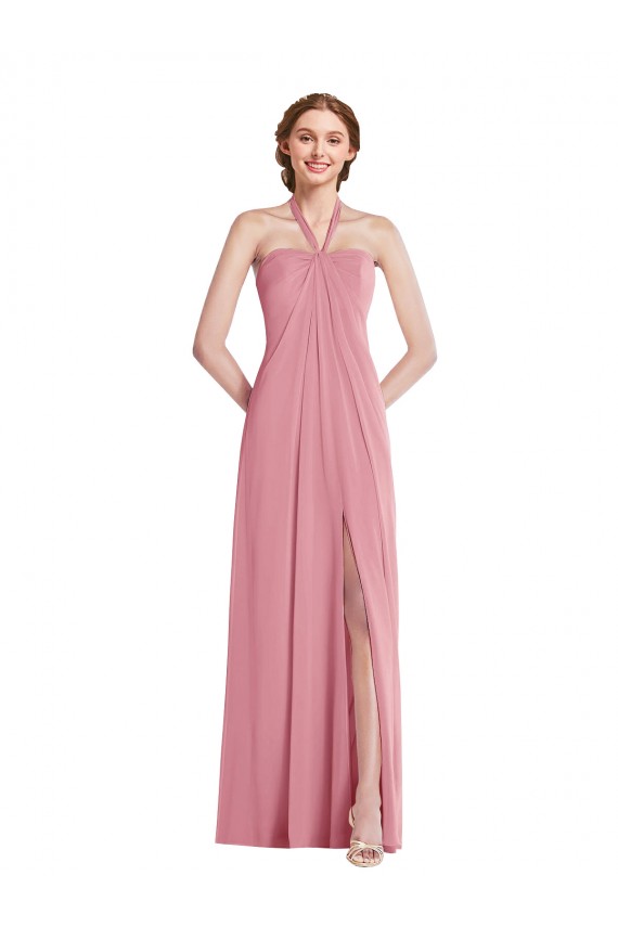 Cheap Draped Chiffon Grecian Column Bridesmaid Dress with Front Slit UK