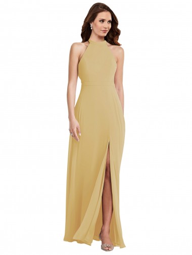 Cheap Stand Collar Halter Maxi Bridesmaid Dress with Criss Cross Open Back UK