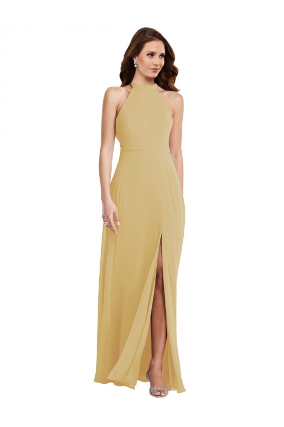 Cheap Stand Collar Halter Maxi Bridesmaid Dress with Criss Cross Open Back UK