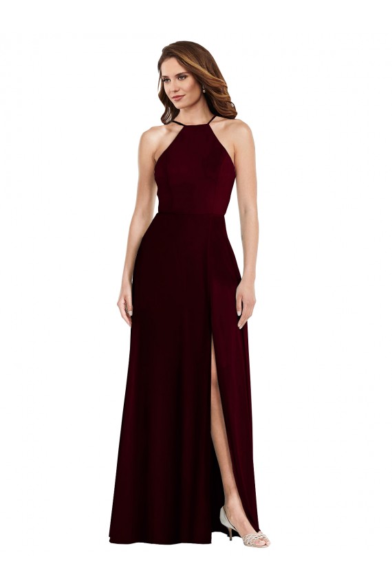 Cheap Halter Spaghetti Straps Maxi Bridesmaid Dress with Front Slit UK