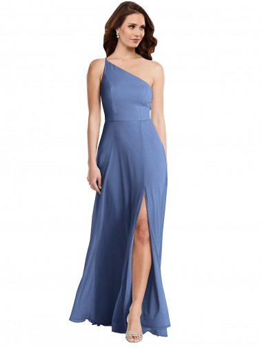 Cheap One Shoulder Full Length Maxi Formal Bridesmaid Dress with Flirty Slit UK