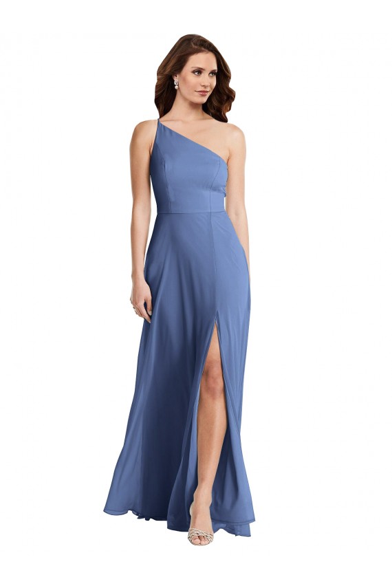 Cheap One Shoulder Full Length Maxi Formal Bridesmaid Dress with Flirty Slit UK