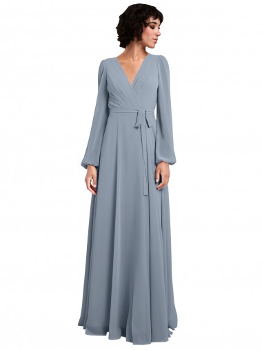 Cheap Wrap Style Long Sleeves Chiffon Bridesmaid Dress with Pleated Bodice UK