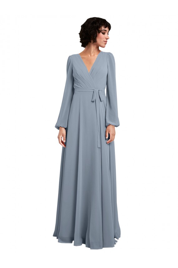 Cheap Wrap Style Long Sleeves Chiffon Bridesmaid Dress with Pleated Bodice UK