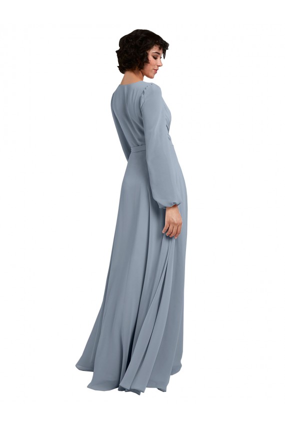 Cheap Wrap Style Long Sleeves Chiffon Bridesmaid Dress with Pleated Bodice UK