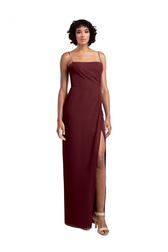 Cheap Sleek Straight Neckline Chiffon Bridesmaid Dress with Spaghetti Straps and High Side Slit UK