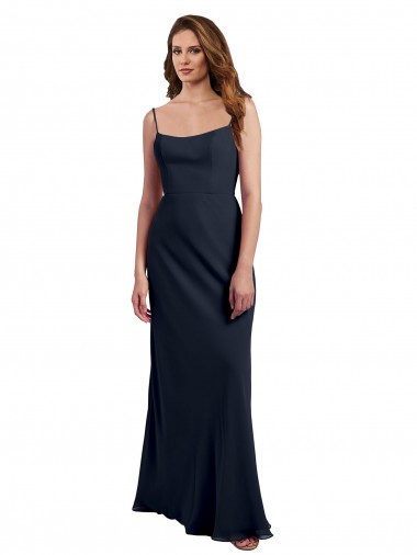 Cheap Scoop Neck Long Chiffon Open Back Bridesmaid Dress with Spaghetti Straps UK