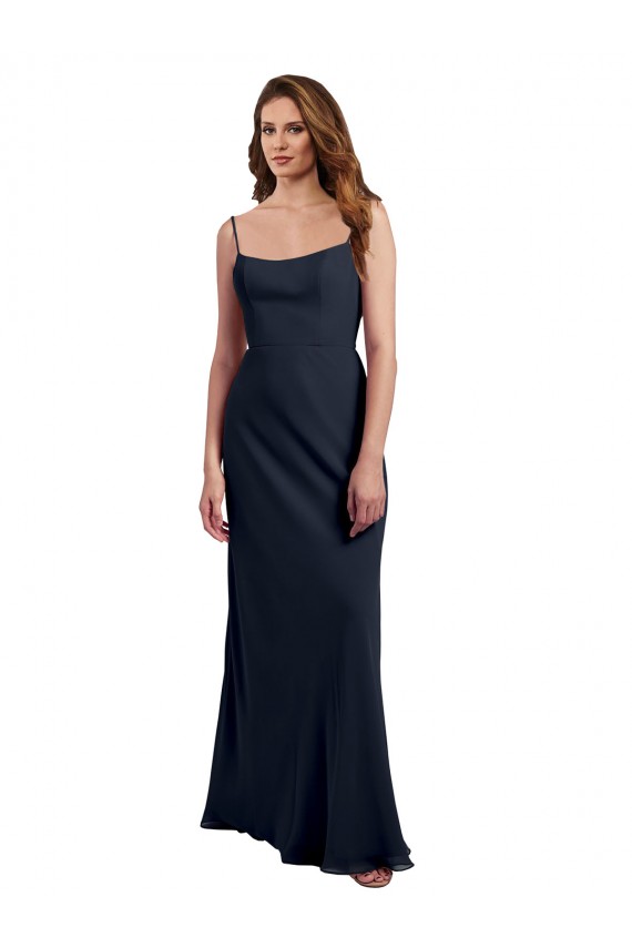 Cheap Scoop Neck Long Chiffon Open Back Bridesmaid Dress with Spaghetti Straps UK