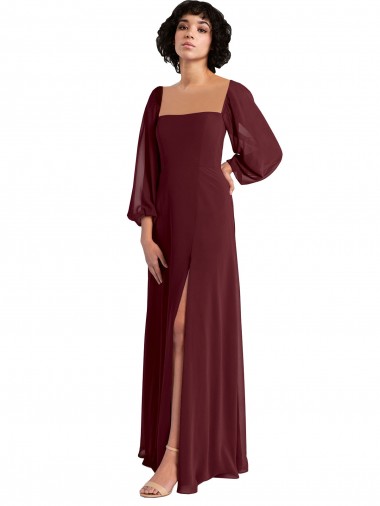 Cheap Sheer Long Sleeves Chiffon Bridesmaid Dress with High Slit UK