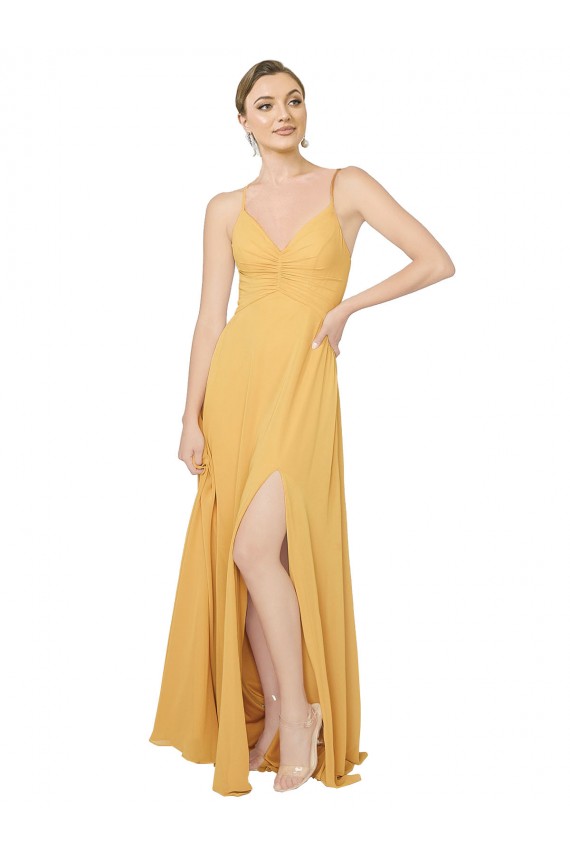 Cheap Ruched Chiffon Bridesmaid Dress with Pockets & Tie Back Detail UK