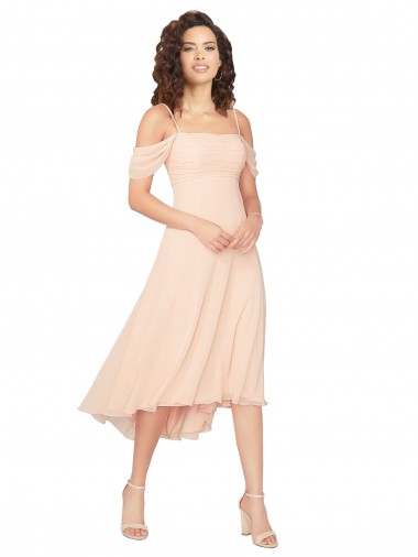 Cheap Cold Shoulder Midi Length Short Chiffon Bridesmaid Dress UK