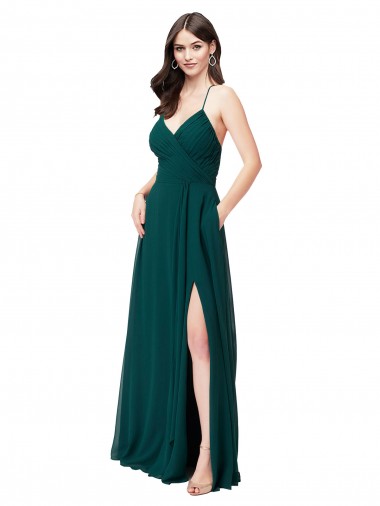 Cheap Chiffon Bridesmaid Dress with Draped Surplice Bodice & Pockets UK