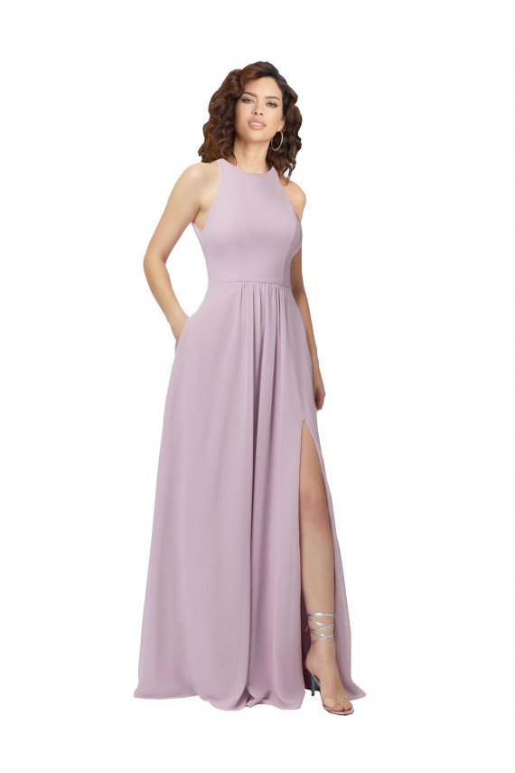 Cheap High-Halter Chiffon Bridesmaid Dress with Keyhole Cowl Back UK