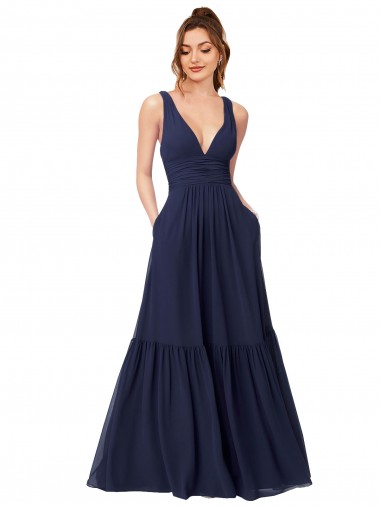 Cheap Floor Length Deep V-Neck Ruched Chiffon Long Bridesmaid Dress UK