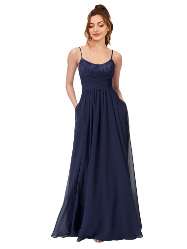 Cheap Long Chantilly Lace and Ruched Chiffon Bridesmaid Dress with Pockets UK