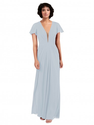 Cheap Deep V-Neckline Chiffon Bridesmaid Dress with Flutter Sleeves UK