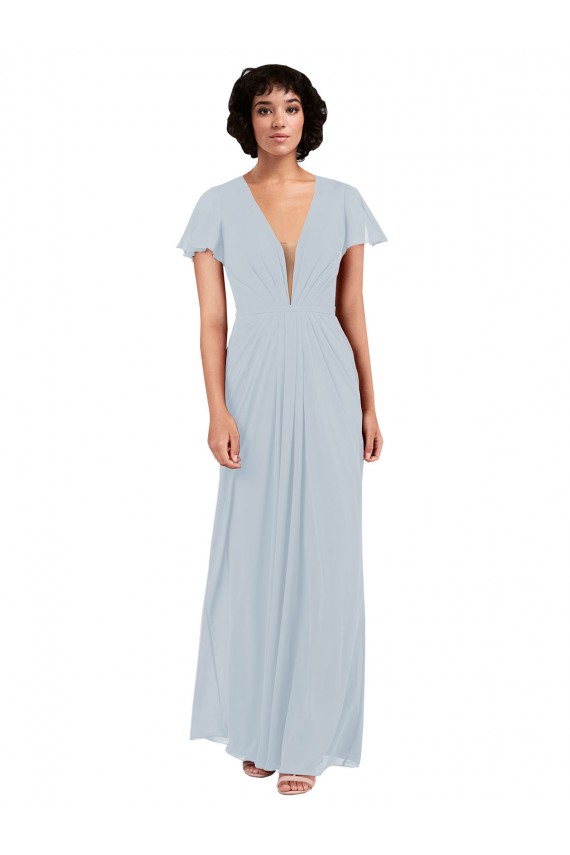 Cheap Deep V-Neckline Chiffon Bridesmaid Dress with Flutter Sleeves UK