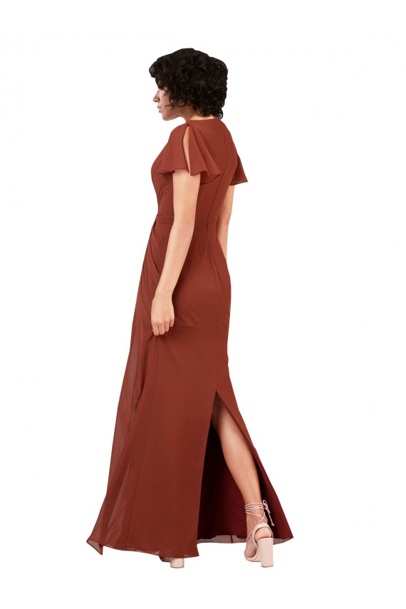 Cheap Deep V-Neckline Chiffon Bridesmaid Dress with Flutter Sleeves UK