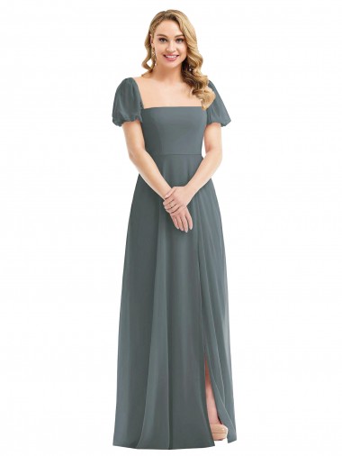 Cheap Puff Sleeves Chiffon Maxi Bridesmaid Dress with Front Slit UK