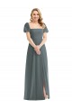 Cheap Puff Sleeves Chiffon Maxi Bridesmaid Dress with Front Slit UK