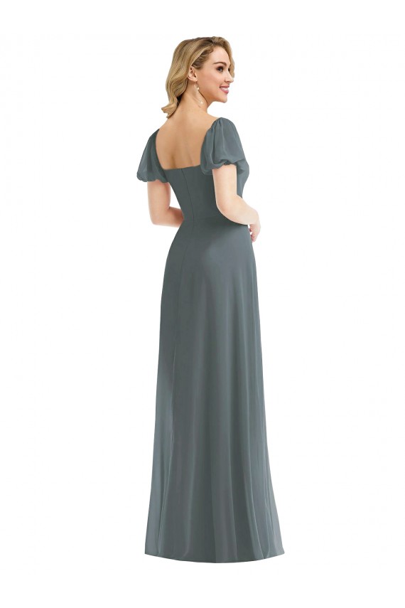 Cheap Puff Sleeves Chiffon Maxi Bridesmaid Dress with Front Slit UK