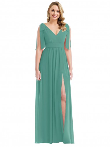 Cheap Plunge Neckline Bow Shoulder Chiffon Maxi Bridesmaid Dress UK