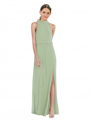 Cheap High Neck Scarf Tie Blouson Bodice Maxi Bridesmaid Dress with Front Slit UK