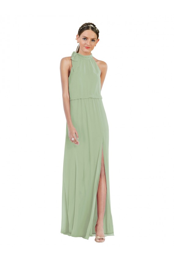 Cheap High Neck Scarf Tie Blouson Bodice Maxi Bridesmaid Dress with Front Slit UK