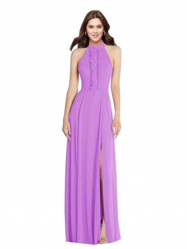 Cheap Halter Backless Maxi Formal Bridesmaid Dress with Button Ruffle Placket UK
