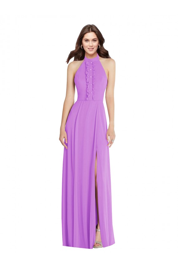 Cheap Halter Backless Maxi Formal Bridesmaid Dress with Button Ruffle Placket UK