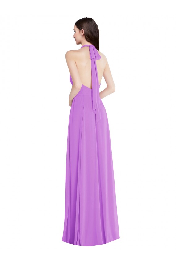 Cheap Halter Backless Maxi Formal Bridesmaid Dress with Button Ruffle Placket UK