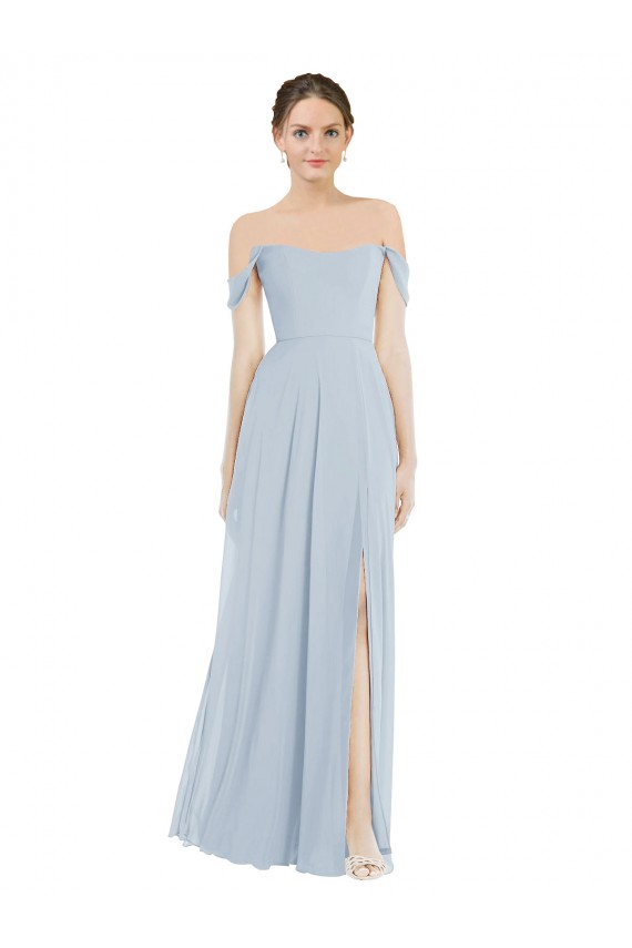 Cheap Off the Shoulder Basque Neck Maxi Bridesmaid Dress with Flounce Sleeves UK