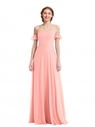 Cheap Off the Shoulder Ruffle Cuff Sleeve Chiffon Maxi Bridesmaid Dress UK