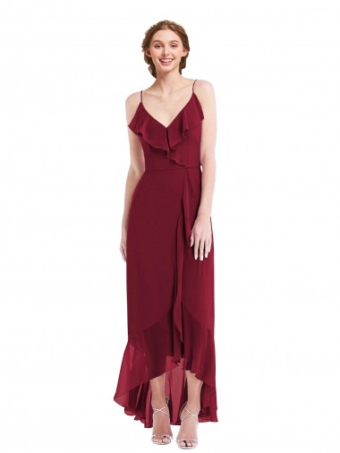 Cheap Ruffle Trimmed V-Neck High Low Wrap Chiffon Bridesmaid Dress UK